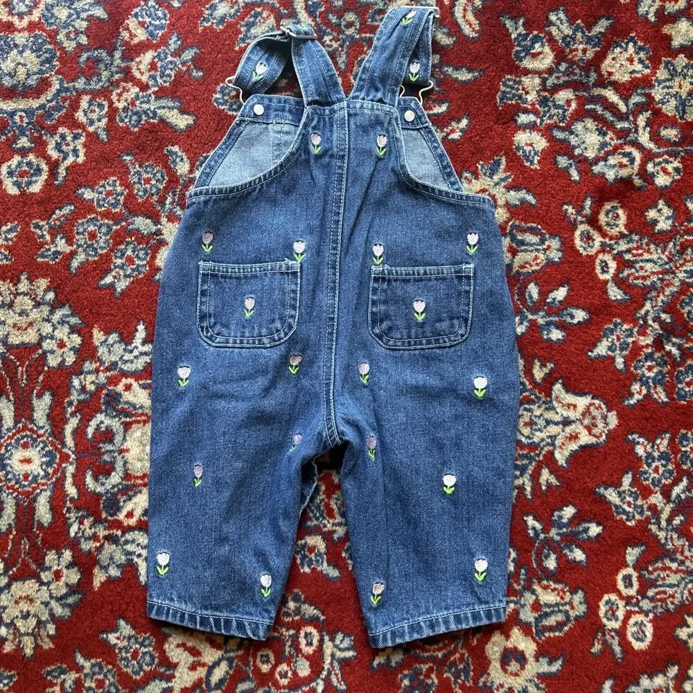 Vintage Denim Overalls Embroidered Tulips Girls 3-6 Months 90s Made In USA